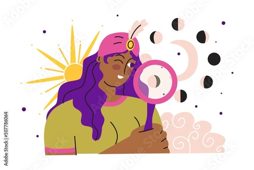 An astrologer examines the phases of the moon. Find out fate by the location of the moon. Astrology and business. Drawing up a horoscope according to the natal chart. Flat style. Vector illustration. photo