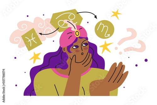 Girl thinks about the compatibility of the signs of the zodiac. Astrology and business. Drawing up a horoscope according to the natal chart. Consultation of clients. Flat style in vector illustration.