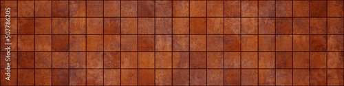 Orange brown rusty vintage retro geometric square mosaic motif cement tiles texture background banner panorama..