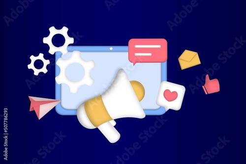 Social networks promotion. Social media marketing, digital promo campaign, Web analytics, SMM strategy, chatbot, video broadcast, stories. Like comment share giveaway. 3D web vector illustration.