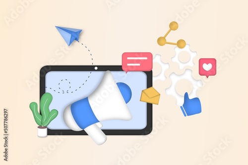 Social networks promotion. Social media marketing, digital promo campaign, Web analytics, SMM strategy, chatbot, video broadcast, stories. Like comment share giveaway. 3D web vector illustration.