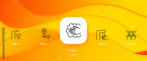 Wash hands set icon. Faucet, water, soap, antiseptic, sanitizer, dry, anti germ. Disinfection concept. Infographic timeline with icons and 5 steps Vector line icon for Business