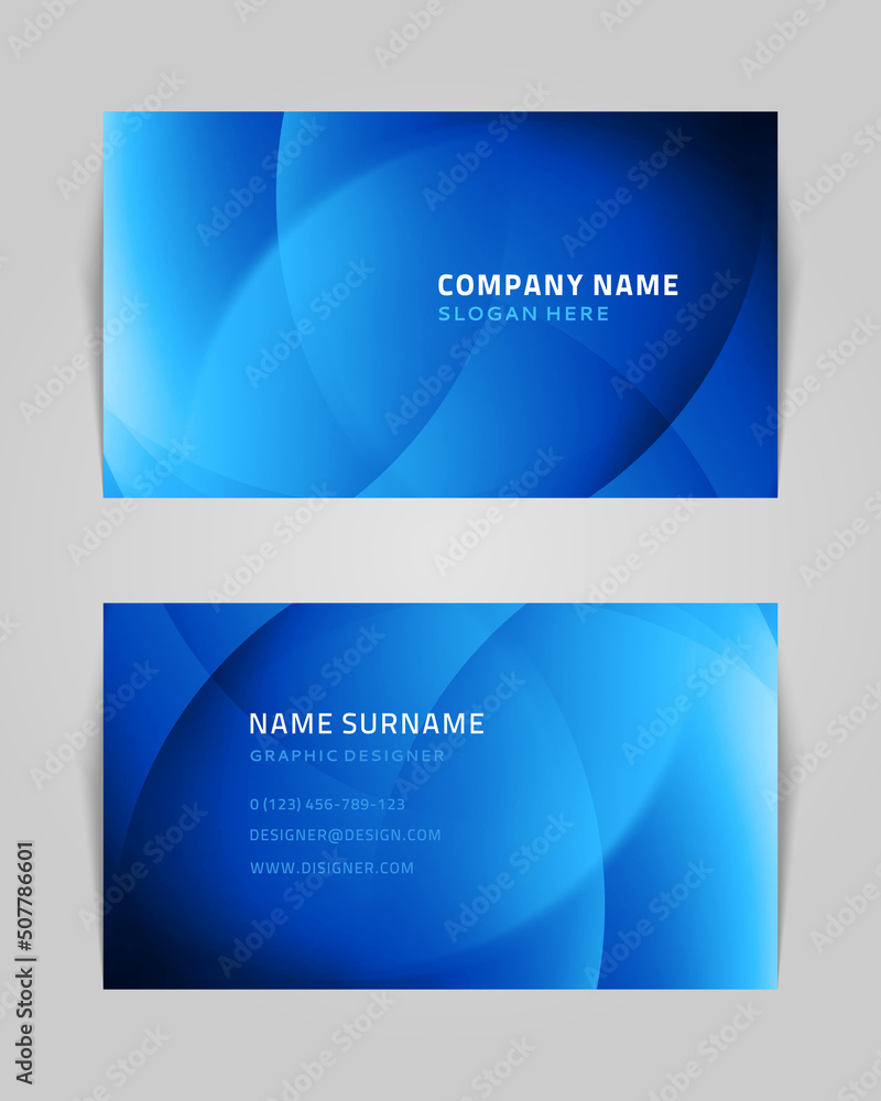 Abstract business card with spiral swirls vector template. Blue geometric lines futuristic gradient dance. Creative trendy textures in muted colors. Modern fantastic branding with opening tracery.