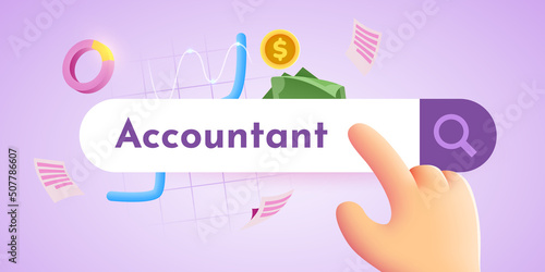 Cartoon hand looking for an accountant using Internet.