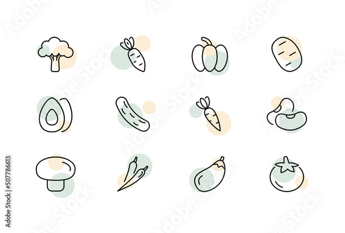 Vegetables set icon. Broccoli  carrot  pumpkin  potato  avocado  cucumber  bean  mushroom  chili pepper  eggplant  tomato. Healthy eating concept. Vector line icon for Business and Advertising