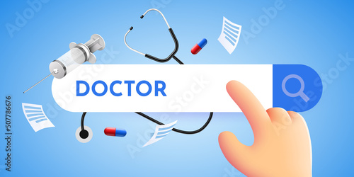Cartoon hand looking for a doctor using Internet.