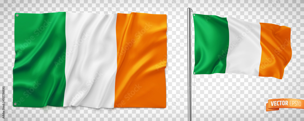 Naklejka premium Vector realistic illustration of Irish flags on a transparent background.