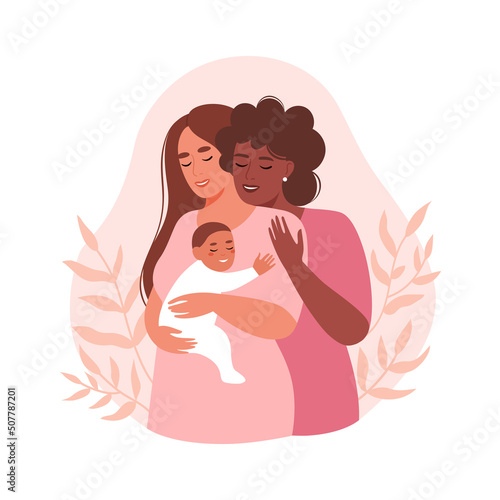 Happy lesbian couple with a newborn baby. Concept of pregnancy, family, motherhood. Flat vector illustration.