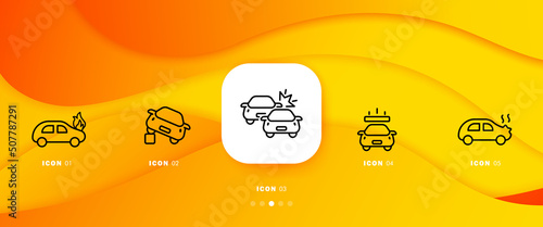 Road traffic accidents set icon. Overheat, fire, collision, crash, car, driver, attention. Warning signs concept. Infographic timeline with icons and 5 steps Vector line icon for Business