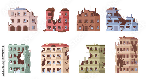 Demolished multi story buildings and residential houses, destroyed homes and architectural constructions and sights. Street of city, town, or metropolis with damage done. Vector illustration