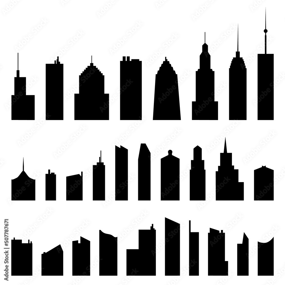 Black buildings silhouette collection. City real estate icon set. Urban design architecture elements in flat style isolated on white. Jpeg illustration