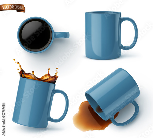 Vector realistic illustration of blue ceramic coffee mugs on a white background.