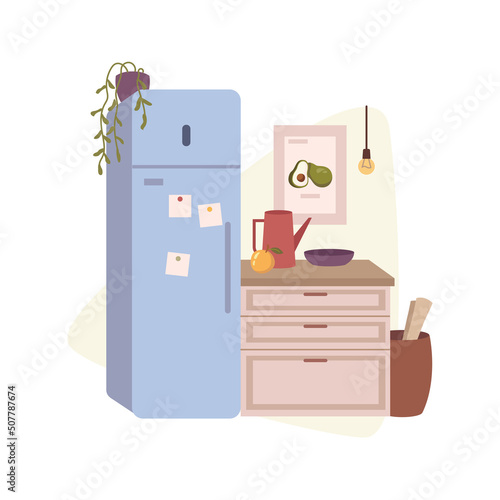Modern kitchen interior design, contemporary furniture and accessories. Fridge and houseplant, wall artwork and counter with kettle and bowl for fruits. Vector in flat style illustration