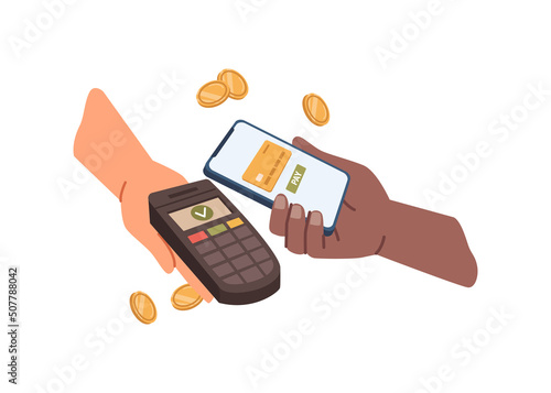 Wireless and contactless way of paying, payment with smartphone with NFC. Isolated terminal and phone, dollar coins and cash, client and seller in shop. Vector in flat style illustration