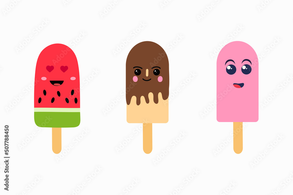 Set of ice cream on a stick. Kawaii, set of cute emoji icons. Hand drawn emotional cartoon characters, funny positive emotions. Vector illustration isolated on white background. Set of ice cream on a stick. Kawaii, set of cute emoji icons. Hand drawn emotional cartoon characters, funny positive emotions. Vector illustration isolated on white background.