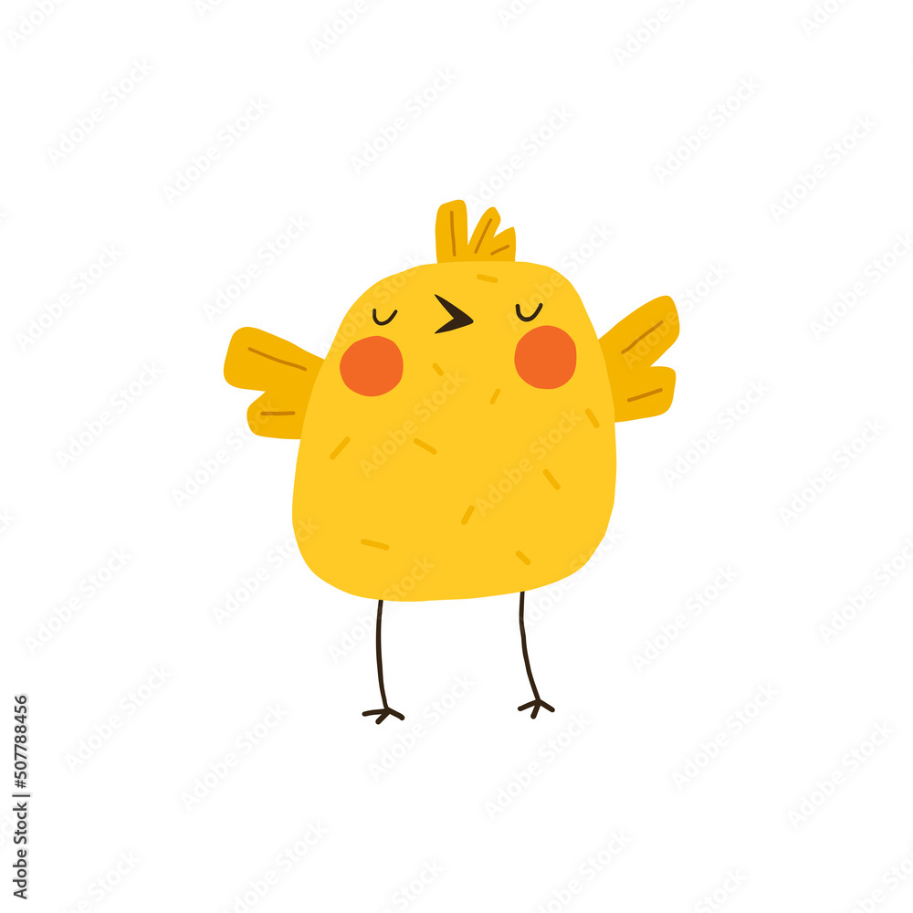 Cute yellow chicken. Newborn little funny chick. Elements for Easter designs. Cartoon vector illustration.