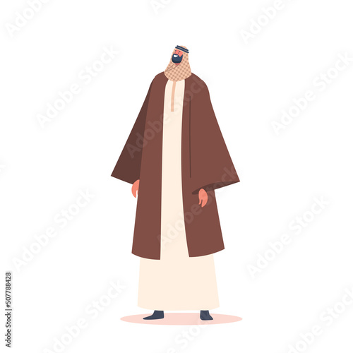 Mature Muslim Male Character Wearing Traditional Dress Isolated on White Background. Arab Man in National Clothes
