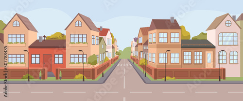 Fototapeta Naklejka Na Ścianę i Meble -  Houses and buildings on suburban area, street of district or city center. Residential constructions and fences and yards, neighbourhood and apartments for living. Vector in flat style