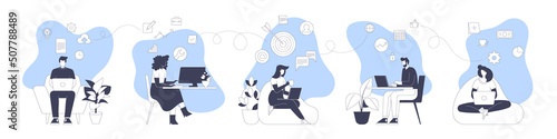 Business team characters working in office, co-working space or remotely at home, freelance, self-employment. Teamwork, office scene collection. Trendy vector style flat isolated illustration