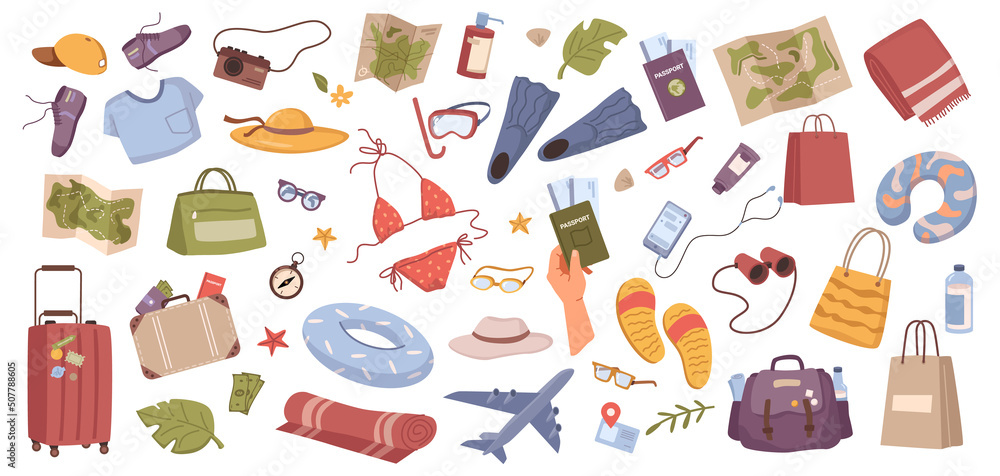 Traveling collection, isolated camera and map, clothes and accessories needed in trip. Baggage and pillow, hat and towel, bags and mat for sleeping and camping. Vector tourist set in flat style Traveling collection, isolated camera and map, clothes and accessories needed in trip. Baggage and pillow, hat and towel, bags and mat for sleeping and camping. Vector tourist set in flat style