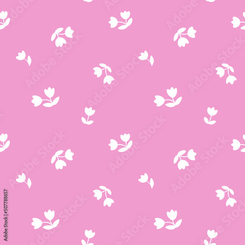 Ditsy daisy floral seamless pattern. Small flowers on pink background repeat print. White flowers design on pink background for wallpaper, wrapping, fabric, textile, decoration.