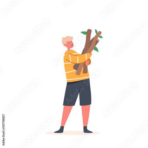 Happy Boy Character Holding Wooden Branches in Hands Isolated on White Background. Kid Character Build Tree House