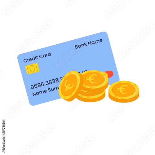 A credit card with a handful of euro coins. Credit card payment, business concept. Vector flat illustration.