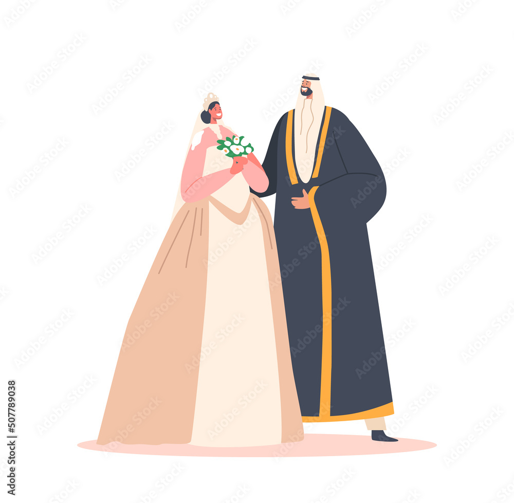 Traditional Arab Couple Wedding Ceremony, Muslim Groom in Suit and Bride in White Dress Holding Bouquet