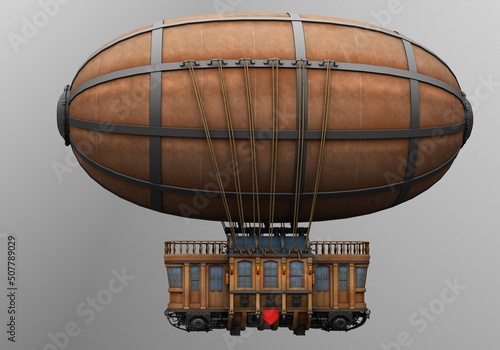 steampunk airship, or dirigible, against a white background airship model 3D render