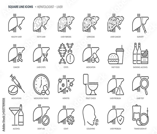 Hepatologist, liver related, pixel perfect, editable stroke, up scalable square line vector icon set.
