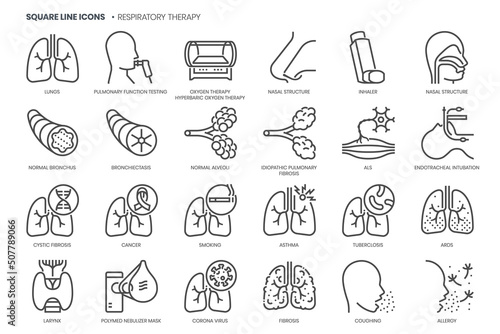 Respiratory therapy related, pixel perfect, editable stroke, up scalable square line vector icon set. photo