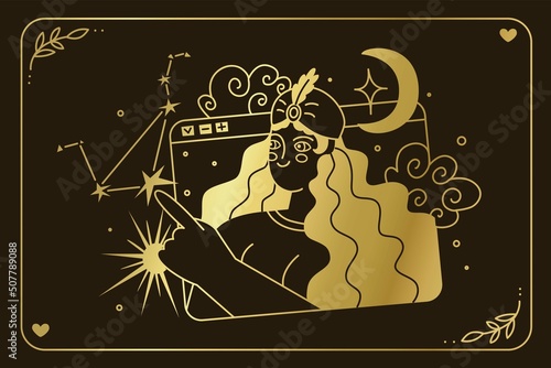 Online consultation with an astrologer. Find out fate by the location of the stars. Astrology and business. Drawing up a horoscope according to the natal chart. Flat style. Vector illustration.