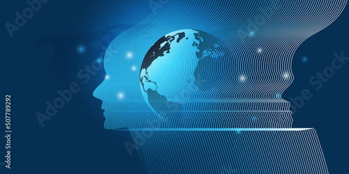 Futuristic Abstract Machine Learning, Artificial Intelligence, Cloud Computing and Networks Design Concept with Human or Robot Silhouette, Profile, Earth Globe and Glowing Nodes Around