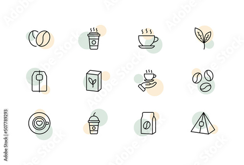 Drinks set icon. Tea, coffee, cup, glass, coffee beans, tea bag, cardboard, refreshment, hot, delicious, steam. Beverage concept. Vector line icon for Business and Advertising