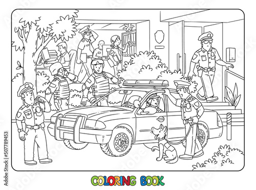 Police station, car and officers. Coloring book