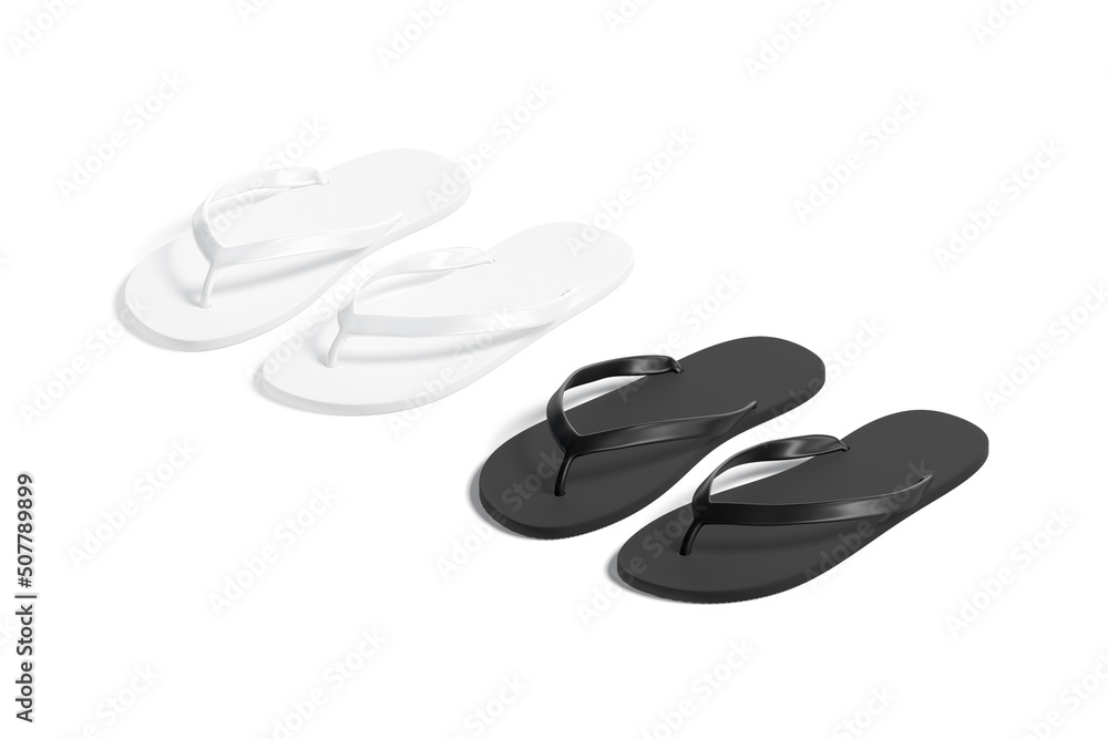 Blank black and white beach slippers mockup, side view Blank black and white beach slippers mockup, side view