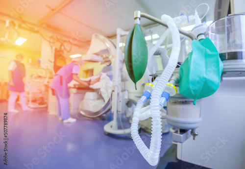 Close-up detail of a ventilator in a hospital operating room. photo