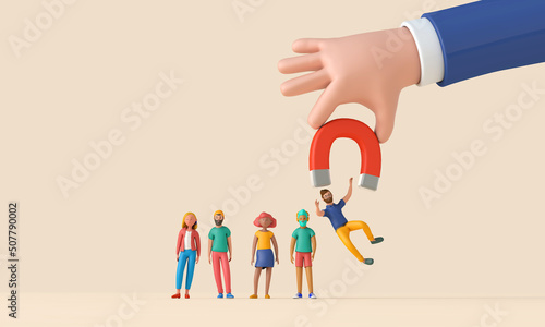 Employee recruitment concept with hand and magnet picking a new team member. 3D Rendering photo