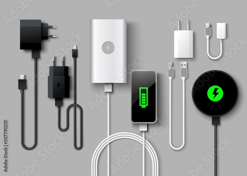Mobile phone charger supply realistic vector set