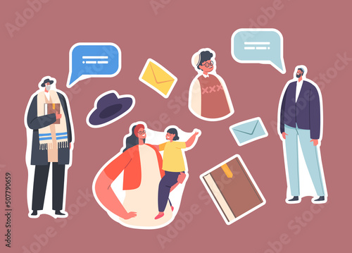 Set of Stickers Traditional Jewish Family Characters, Orthodox Jew Father, Son, Mother with Daughter and Grandfather