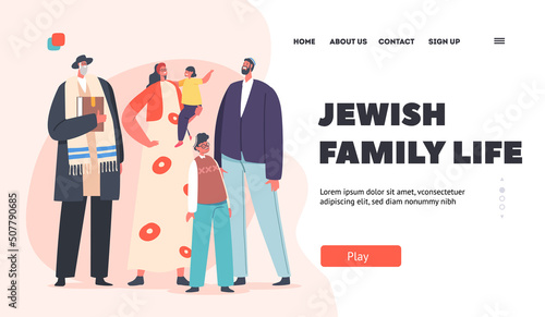 Jewish Family Life Landing Page Template. Traditional Orthodox Jew Parents, Grandfather and Kids Characters