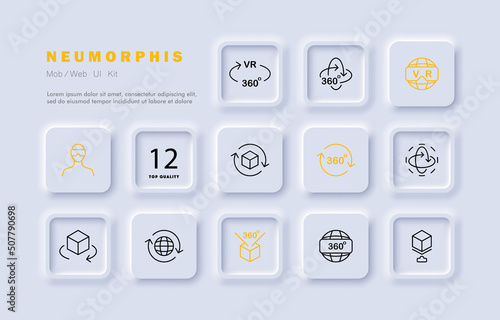 Virtual reality set icon. Man in 3d glasses and virtual reality helmet. Planet with vr text. Arrows 360 degree viewing angle. Metaverse concept. Neomorphism style. Vector line icon for Business