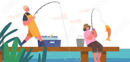 Children Fishing with Rods on Wooden Lake Pier, Boy and Girl Fishermen Having Fun on Pond. Kids Characters Leisure