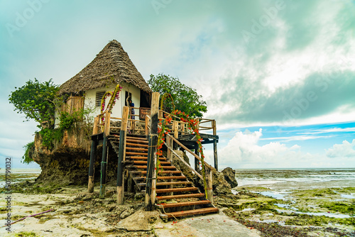 The Rocks restaurant on the beach during low tide. Pingwe, Zanzibar, Tanzania