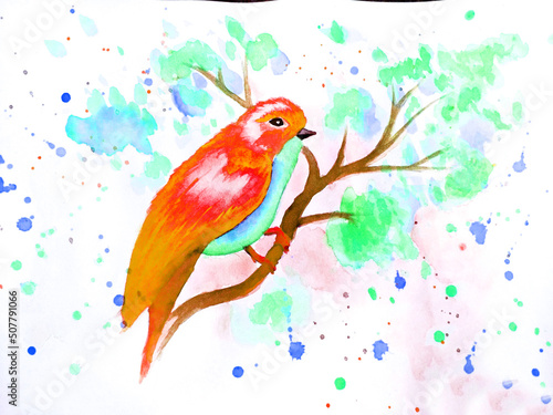 Fototapeta Naklejka Na Ścianę i Meble -  Orange - a parrot on a turquoise background. Watercolor illustration. Red tit on a sakura branch. Illustration of a bird on a branch with blue flowers. watercolor technique. Delicate watercolor. sprin