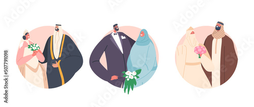 Arab Couples Wedding Ceremony Isolated Round Icons. Traditional Muslim Groom and Bride Characters Wear Festive Clothes