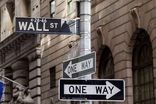 Wall Street and one way signs in New York City.