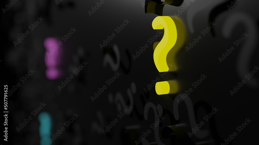 A yellow question mark in close range on black wall (3D Rendering) A yellow question mark in close range on black wall (3D Rendering)