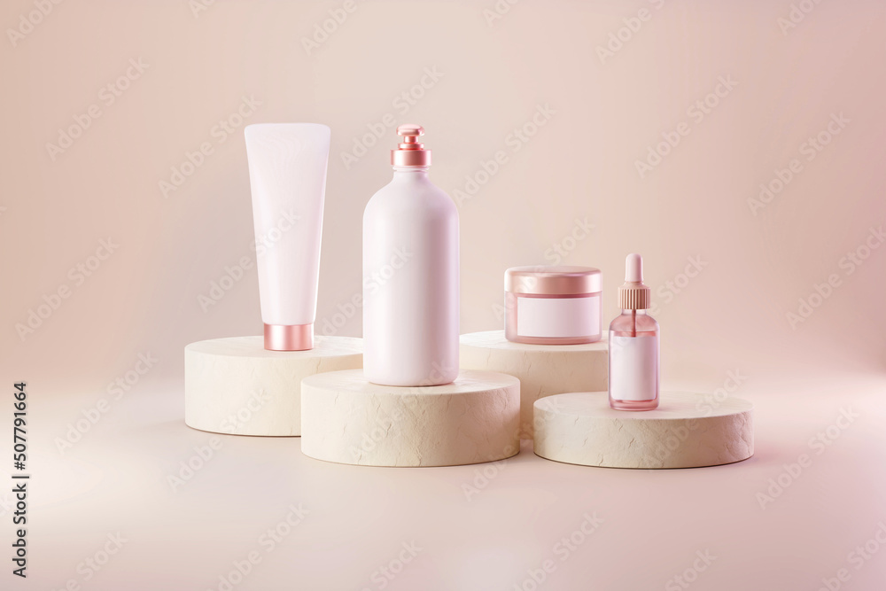 Minimal Cosmetics packaging set and pink serum and moisturizer mock-up 3d illustration for an ad, and banner.