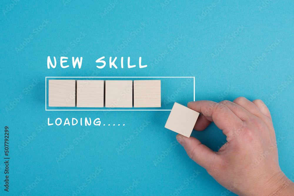 Progress bar with the words new skill loading, education concept, having a goal, online learning, knowledge is power strategy - obrazy, fototapety, plakaty 
